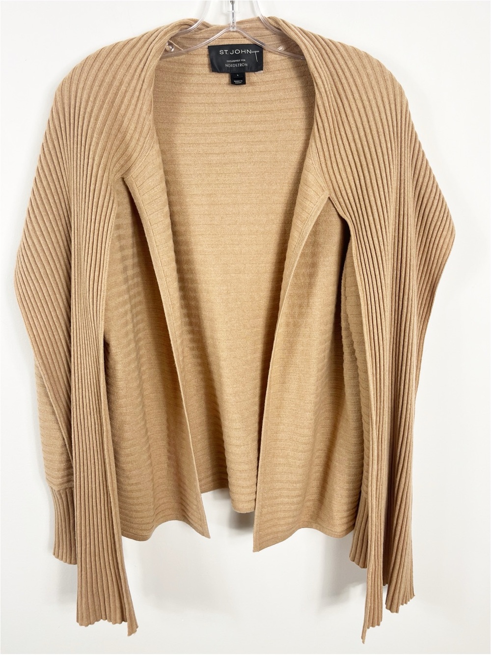 St. John Ribbed Open Knit Cashmere Cape Sweater Size Large Camel Tan